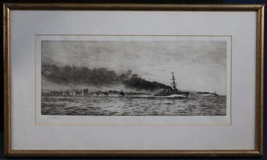 William Lionel Wyllie (1851-1931) HMS Champion and the 13th Flotilla leading in the Battle of Jutland May 1915, 6.75 x 16.5in.